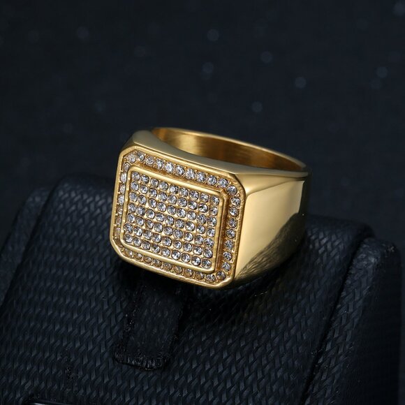 3/$35 Men’s Gold Plated Bling Square Titanium Ring Cubic Zirconia CZ Jewelry - Picture 4 of 5